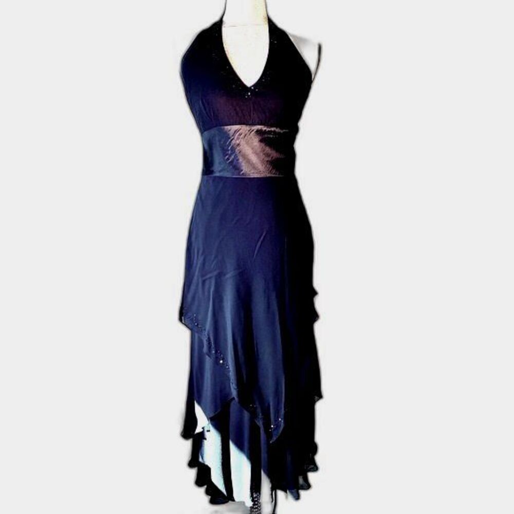 VTG Nine West 100% Silk Y2K Beaded Halter Dress Black Handkerchief Hem M